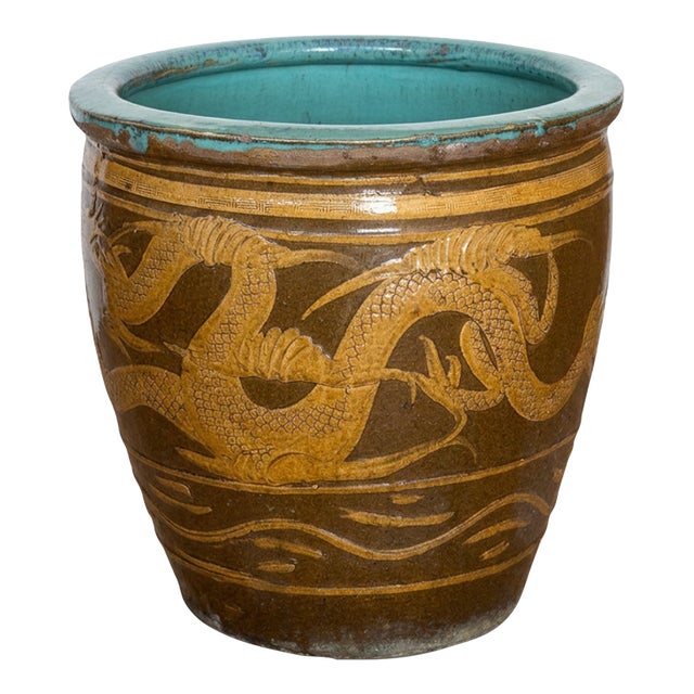 Antique Chinese Dragon Egg Art Pottery Dragon Jardinière Planter Pot For Sale