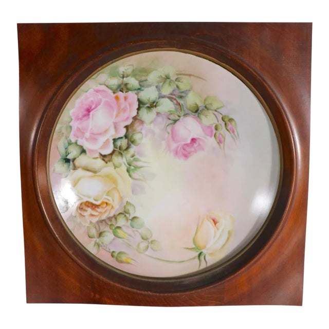 German Antique Hand Painted China Plate by Hertel Jacob Mounted in Custom Walnut Frame For Sale
