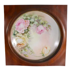 German Antique Hand Painted China Plate by Hertel Jacob Mounted in Custom Walnut Frame