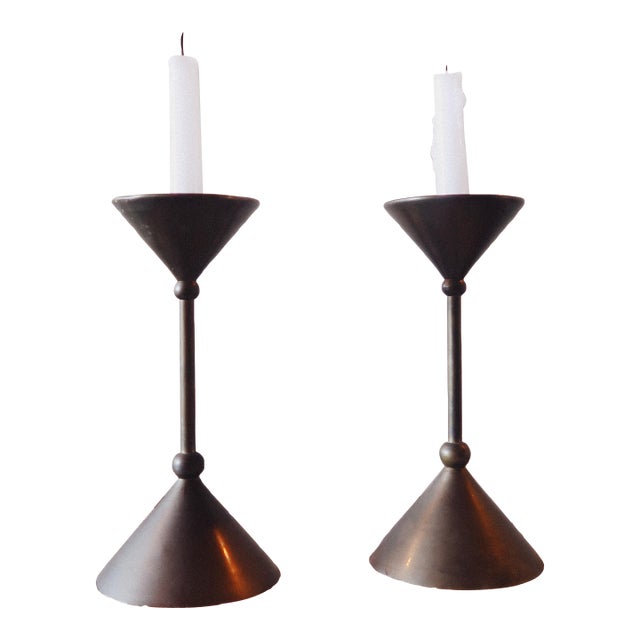 1980s Memphis Style Brass Candlesticks For Sale