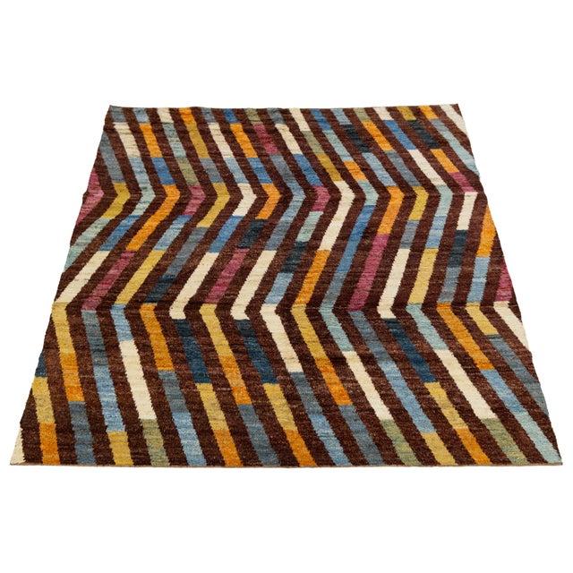 Brown Modern Moroccan Style Handmade Wool Rug With Geometric Zig-Zag Chevron Pattern For Sale - Image 8 of 12
