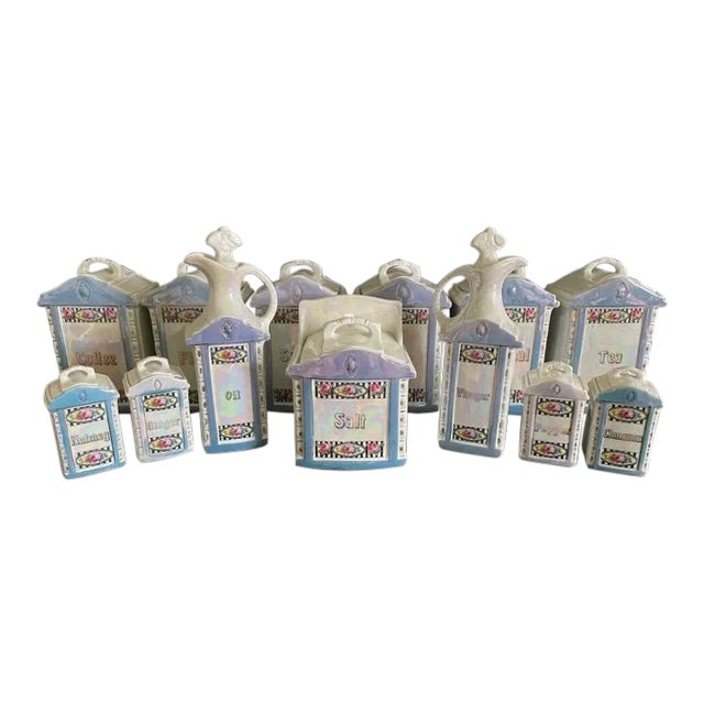 1930s Mepoco Ware German Pottery Kitchen Canisters - Set of 13 For Sale