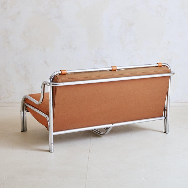 Mid 20th Century Stringa' Cognac Leather + Chrome Loveseat by Gae Aulenti for Poltronova For Sale - Image 5 of 11