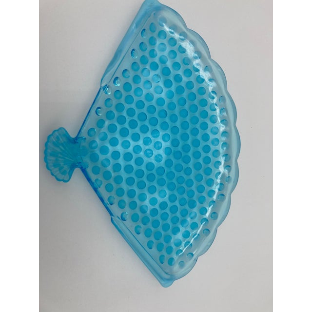 Vintage Fenton turquoise hobnail-based fan shaped glass trinket dish.