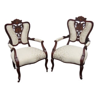 Victorian Late 1880s Carved Inlay Side Chairs a Pair 6643 For Sale