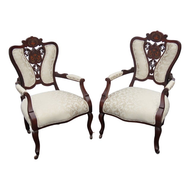 Victorian Late 1880s Carved Inlay Side Chairs a Pair 6643 For Sale