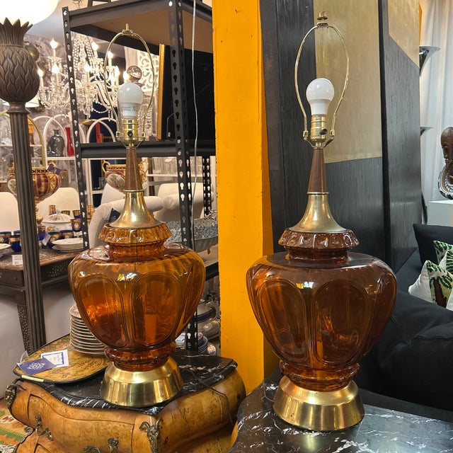 Mid-Century Modern Large Amber Glass, Brass and Wood Table Lamps a Pair For Sale - Image 3 of 10