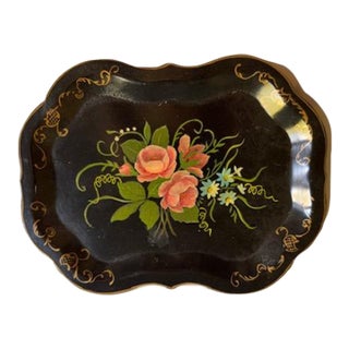 Mid 20th Century Small Black Floral Tole Tray For Sale
