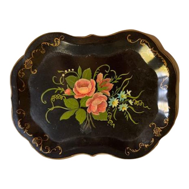 Mid 20th Century Small Black Floral Tole Tray For Sale