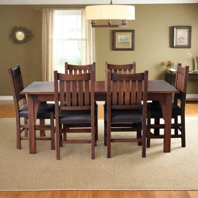 Mission 70" Solid Oak Dining Table Set With 6 Slat Back Chairs For Sale - Image 9 of 11