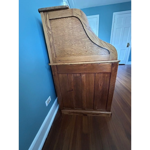 Wood Rare Antique Oak S-Curve Roll Top Desk by Myrtle Desk With Vintage Pioneer Manufacturing Oak Desk Chair For Sale - Image 7 of 18