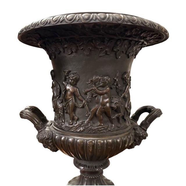Bronze Pair of 19th Century French Bronze Urns on Marble Pedestals. For Sale - Image 8 of 10