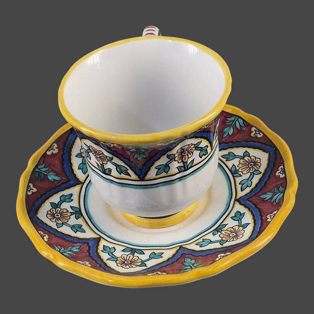 Rustic European Vintage Hand Painted Terra Cotta Italian Deruta Grazia Pottery Cup & Saucer For Sale - Image 3 of 8