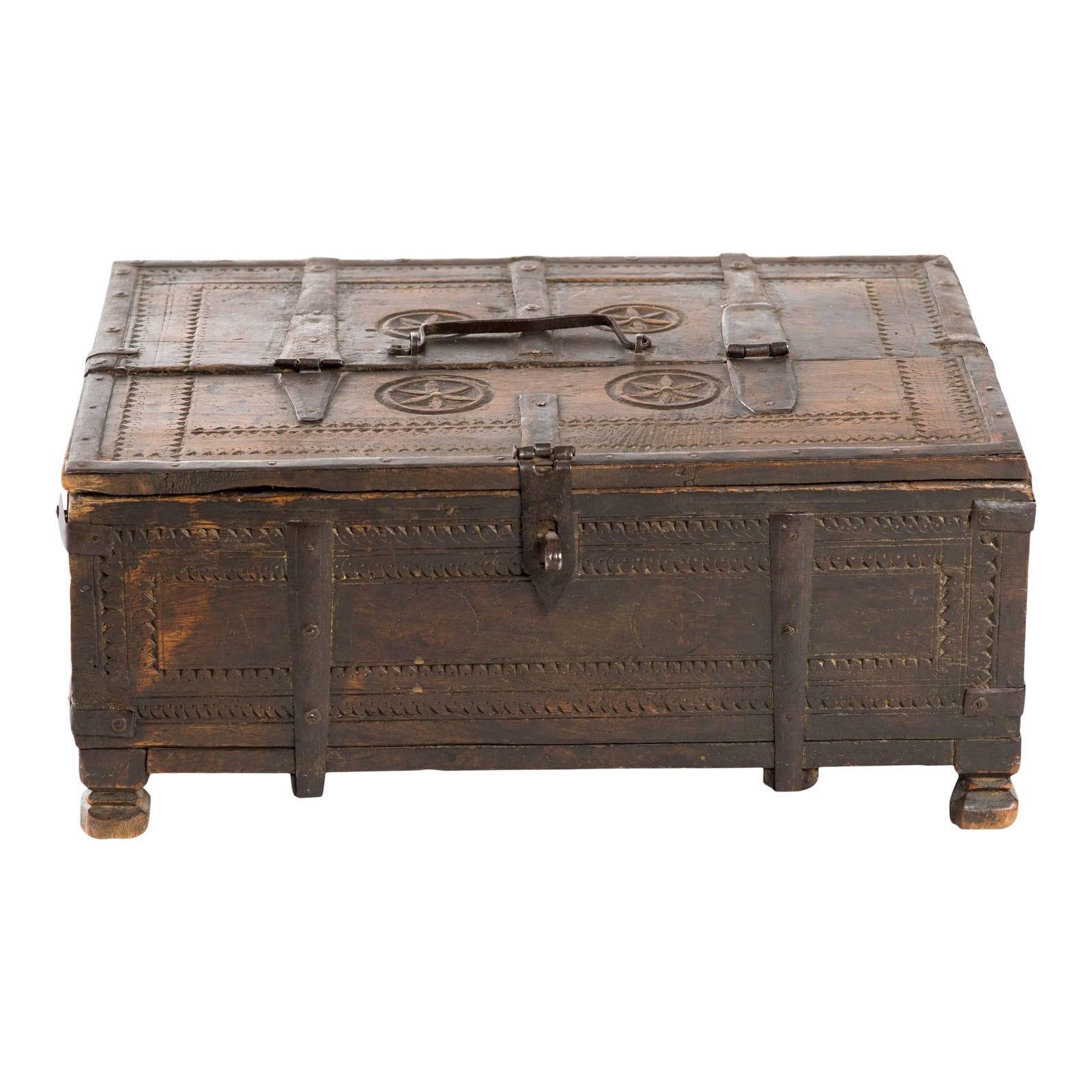 Early 20th Century Indian Carved Wood & Wrought Iron Storage Chest Box