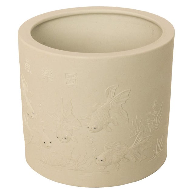 Antique Chinese Qing Biscuit Porcelain Scholar's Brush Pot Bitong Gold Fish 1850 For Sale - Image 10 of 16