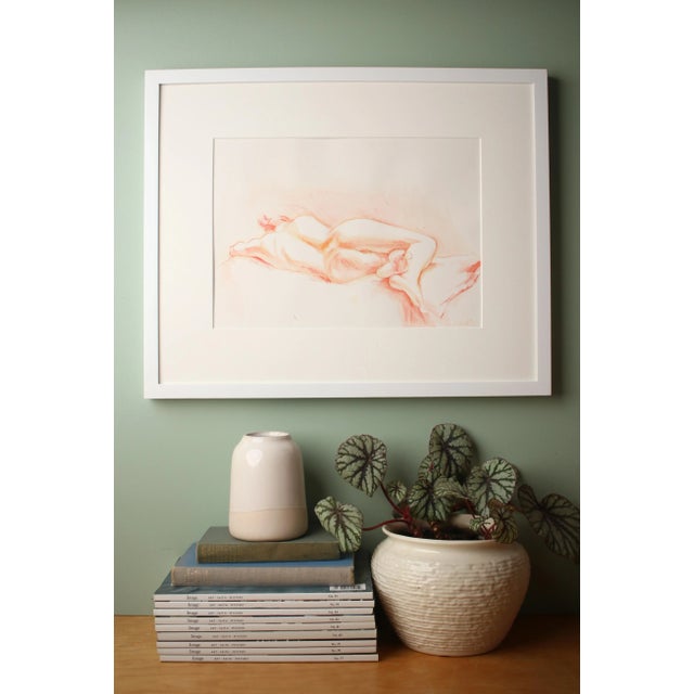 Michelle Arnold Paine Original Signed Nude Reclining Figure Drawing in Orange With White Frame For Sale - Image 4 of 5