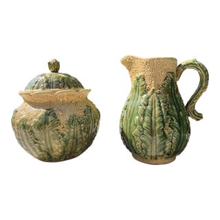 Vintage Majolica Lidded Cauliflower Jar and Pitcher Set- 2 Pieces For Sale