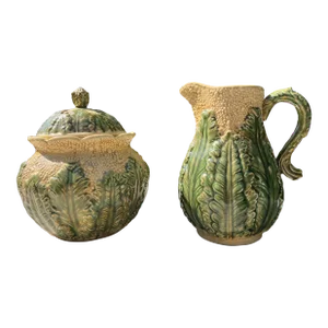 Vintage Majolica Lidded Cauliflower Jar and Pitcher Set- 2 Pieces