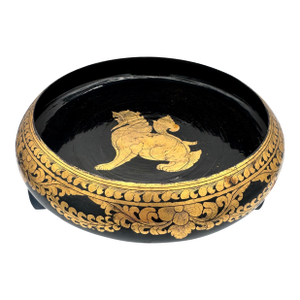 Vintage Burmese Black Lacquer Bowl With Gilt Chinthe Motif