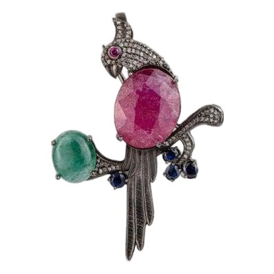 Luxury Ruby Emerald Sapphire Diamond Parrot Motif Silver Brooch Pendant For Sale