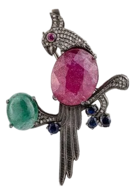 Luxury Ruby Emerald Sapphire Diamond Parrot Motif Silver Brooch Pendant