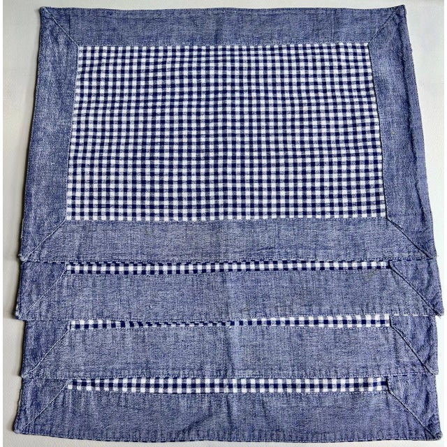 Late 20th Century Late 20th Century Set of 4 Royal & White Denim Trim Gingham Placemats + 3 Napkins - Serena & Lily style For Sale - Image 5 of 18