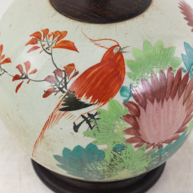 Famille Rose Antique Porcelain Vase Lamp With Bird and Floral Motif on Wood Base For Sale - Image 13 of 18