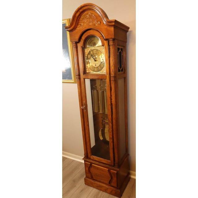 Traditional Vintage Howard Miller “Beaumont” Triple-Chime Oak Grandfather Clock, Model 610-259, Circa 1985 For Sale - Image 3 of 17