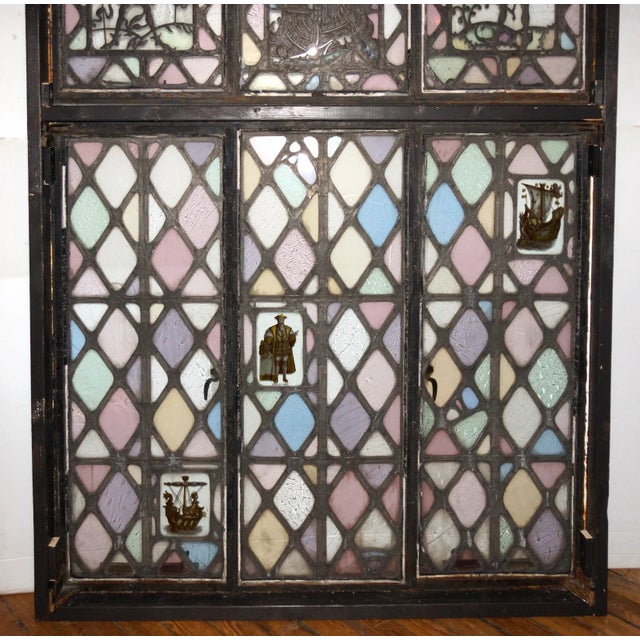 Renaissance Late 19th Century Set of Tudor Revival Style Diamond Pattern Colored Leaded Glass Casement Windows For Sale - Image 3 of 11