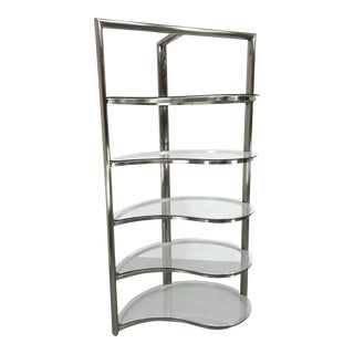 1970s Brushed Steel Chrome and Glass Teardrop Corner Etagere For Sale