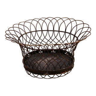 Vintage French Black Wire Basket Planter For Sale