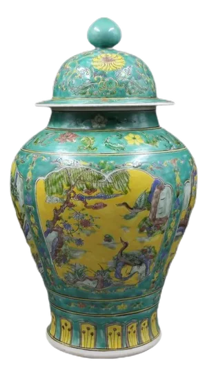 Antique Chinese Ceramic Pot Qing Dynasty Kangxi Marked Green Ground Famille Rose Porcelain Ginger Jar Hand Painted Figures Pattern