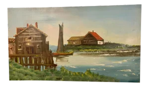 Mid 20th Century Harbor Waterfront Scene Oil Painting