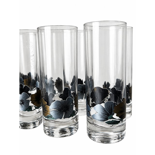 Mid-Century Modern Vintage Black, Silver-Blue and Gold-Tone Floral Highball Glasses — Set of 10 For Sale - Image 3 of 8