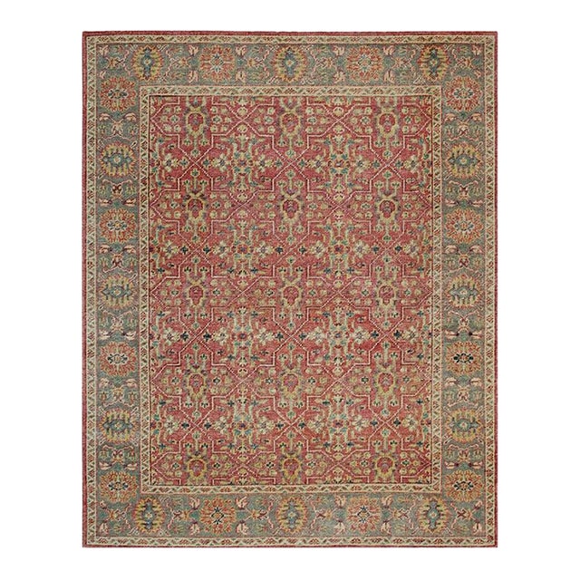 9x12 Coral Hand-Knotted Wool Geometric Floral Tapestry Traditional Carpet Rug For Sale