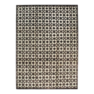 9x12 Black Hand-Knotted Wool Linked Quatrefoils Geometric Modern Carpet Rug For Sale