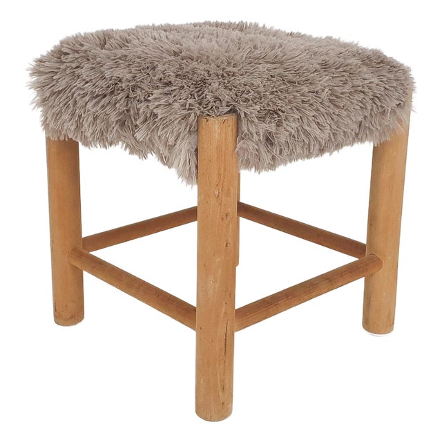 Mid-Century Wooden Stool with Fake-Fur Upholstery, Denmark, 1960s For Sale