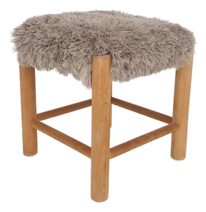 Mid-Century Wooden Stool with Fake-Fur Upholstery, Denmark, 1960s
