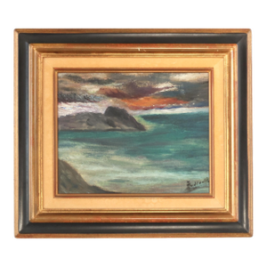 Atmospheric French Rocky Coast Painting, Signed