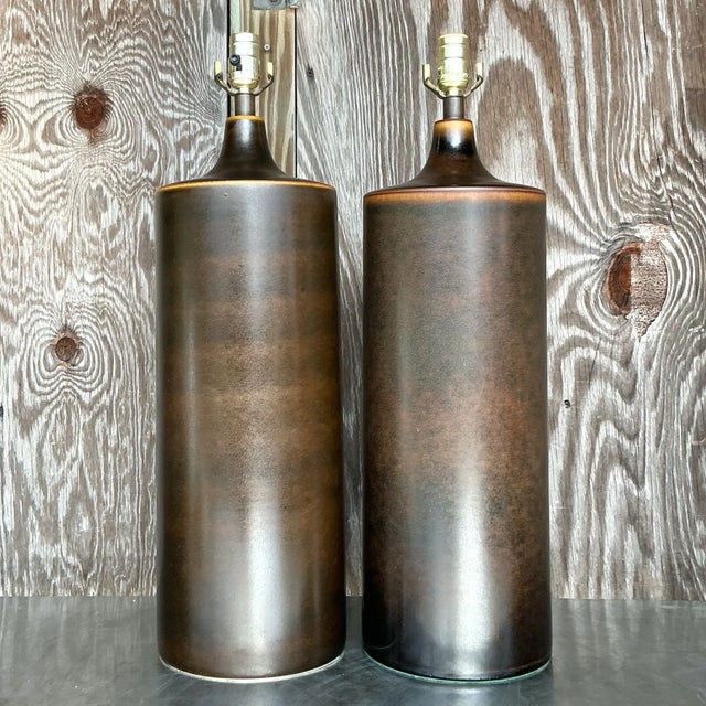 Mid 20th Century Vintage Boho 1960s Lotte and Gunnar Bostland Model 1700 Glazed Ceramic Table Lamps - a Pair For Sale - Image 5 of 7