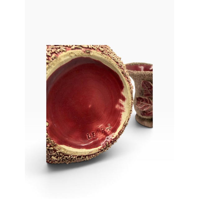 Rare Signed Antique 1880s English Samuel Lear "Mossed Ware" Sand Majolica 3-Piece Garniture Set For Sale - Image 9 of 11