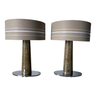 Bentley Home “Morpeth” Italian Luxury Leather & Burl Wood Table Lamps - A Pair For Sale