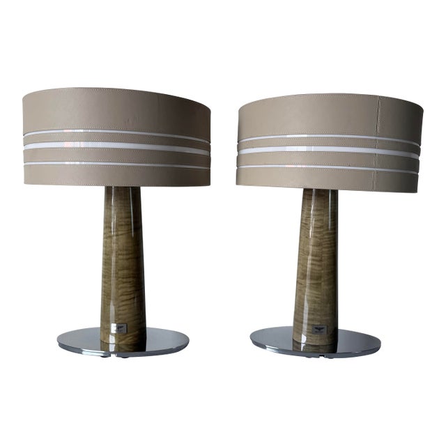 Bentley Home “Morpeth” Italian Luxury Leather & Burl Wood Table Lamps - A Pair For Sale