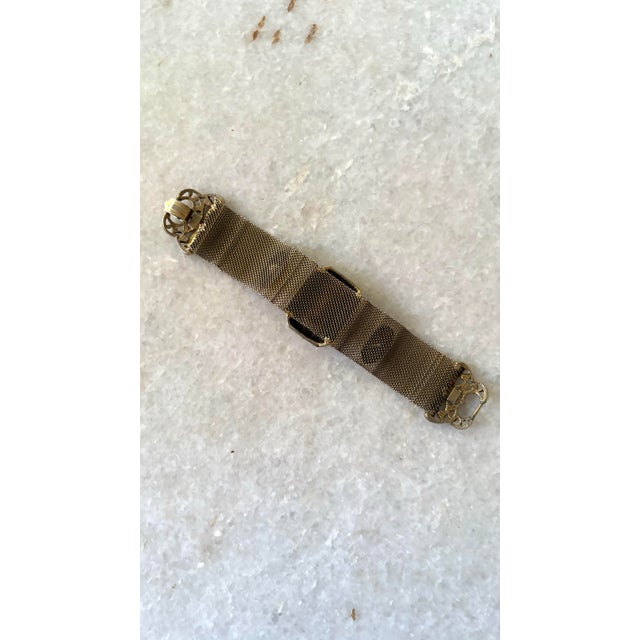 Gold-Tone Woven Mesh Bracelet With Rectangular Glass Setting Deep Purple For Sale - Image 4 of 7