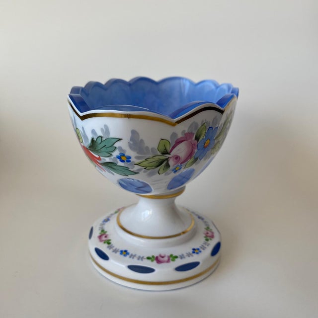 1950s Vintage Moser Glass Oval Bowl: Cut-to-Clear, White With Blue Overlay, Hand Painted Florals For Sale - Image 5 of 16