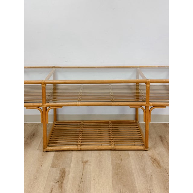 Vintage Console Table Rattan Two-Tier Glass Top Coastal Entryway Sofa Table Rare For Sale In Tampa - Image 6 of 13