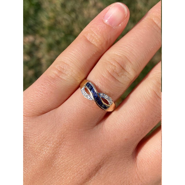 The Lobelville: Ladies Yellow Gold Diamond and Sapphire Crossover Ring For Sale - Image 9 of 10