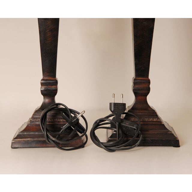 Gilbert Poillerat Vintage French Traditional Neoclassical Tablelamps Cast Iron Bronze With Beige Linen Shade - A Pair For Sale - Image 4 of 9