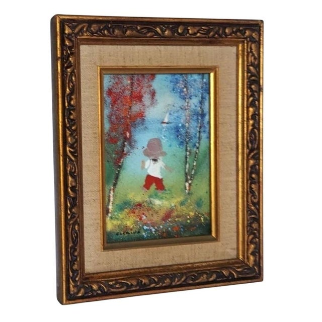Sweet enameled painting on copper. Playful child with a toy sailboat on the water on a fine autumn day. Signed Fleming....