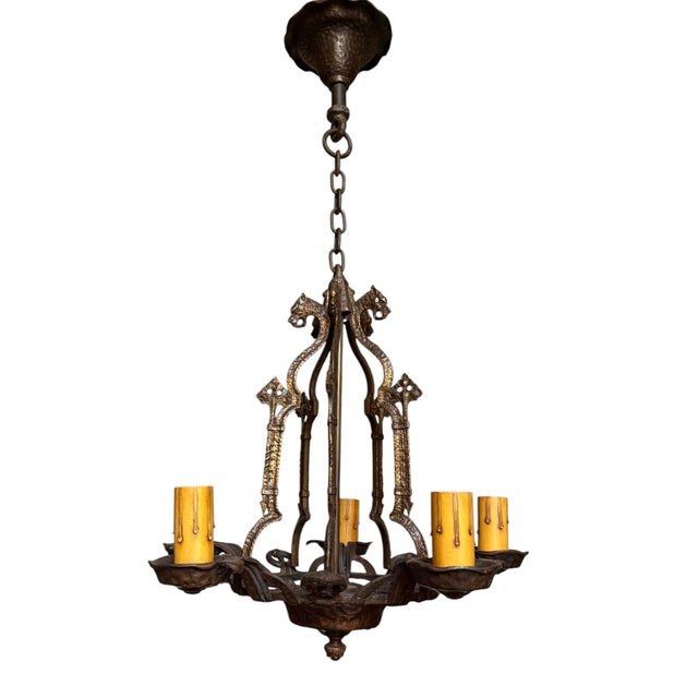 Metal Early 20th Century Spanish Revival Gargoyle Chandelier in Bronze Original Patina For Sale - Image 7 of 12